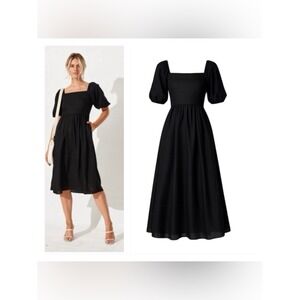 Boden Sky Smocked 100% Linen Midi Dress Size 8 Milkmaid Cottage Euro Summer New